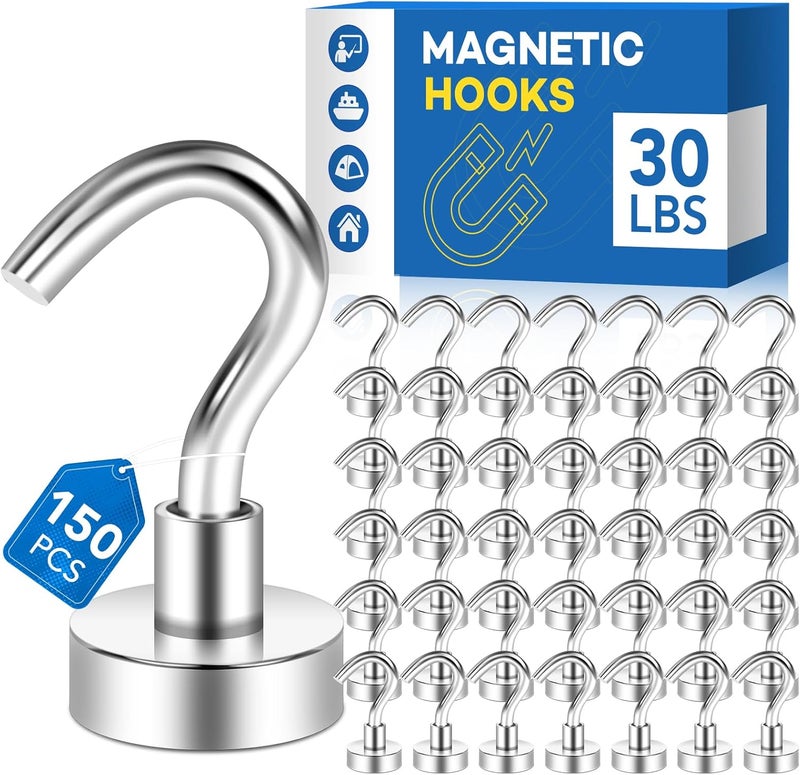 LOVIMAG Strong Magnetic Hooks, 30Lbs Magnetic Hooks Neodymium Magnets with Hooks for Refrigerator, Magnetic Cruise Hooks for Hanging, Classroom, Office, and Kitchen - Pack of 150 - Image 1